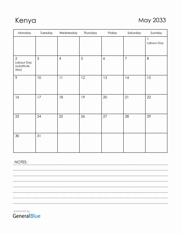 May 2033 Kenya Calendar with Holidays (Monday Start)