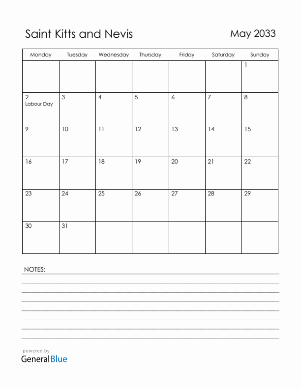 May 2033 Saint Kitts and Nevis Calendar with Holidays (Monday Start)