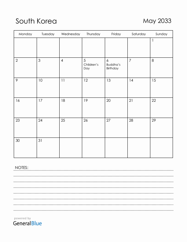 May 2033 South Korea Calendar with Holidays (Monday Start)