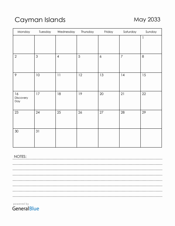 May 2033 Cayman Islands Calendar with Holidays (Monday Start)
