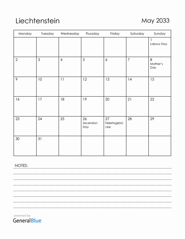 May 2033 Liechtenstein Calendar with Holidays (Monday Start)