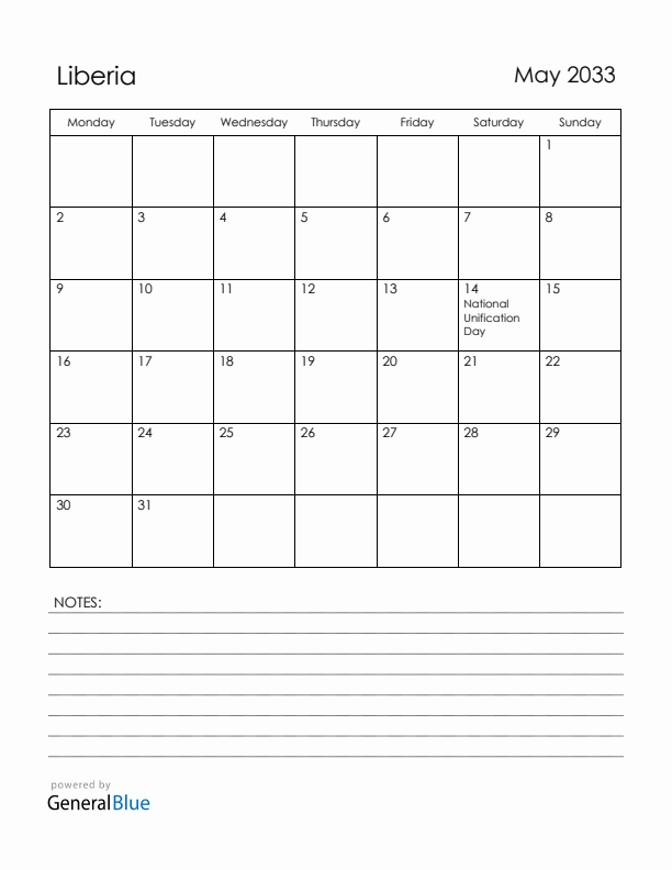May 2033 Liberia Calendar with Holidays (Monday Start)