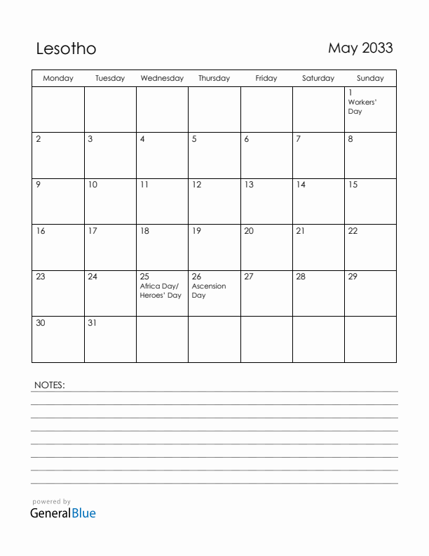 May 2033 Lesotho Calendar with Holidays (Monday Start)
