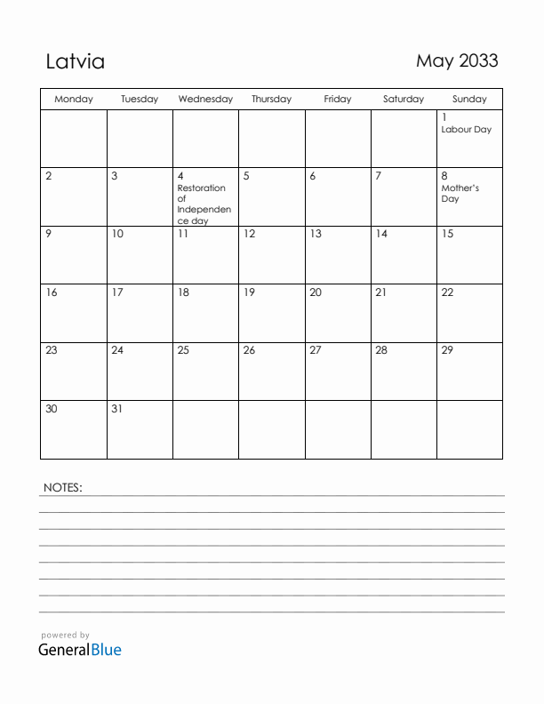 May 2033 Latvia Calendar with Holidays (Monday Start)