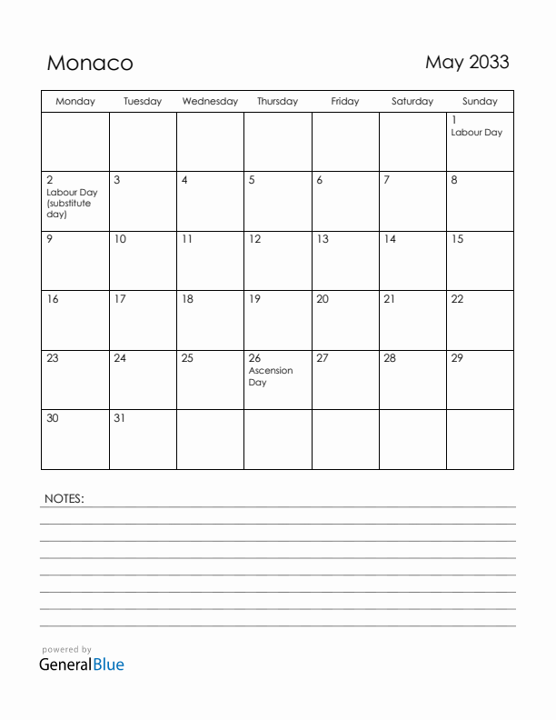 May 2033 Monaco Calendar with Holidays (Monday Start)