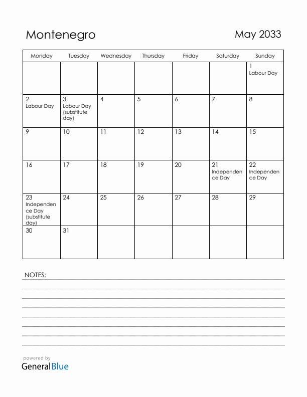 May 2033 Montenegro Calendar with Holidays (Monday Start)