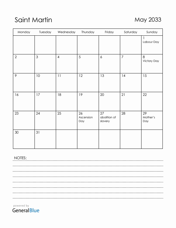 May 2033 Saint Martin Calendar with Holidays (Monday Start)