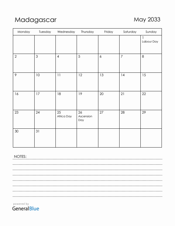May 2033 Madagascar Calendar with Holidays (Monday Start)