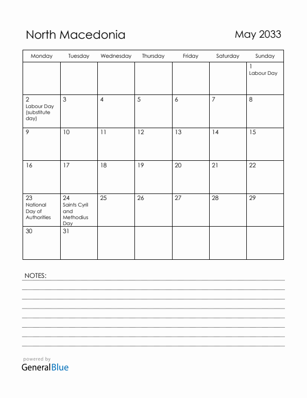 May 2033 North Macedonia Calendar with Holidays (Monday Start)