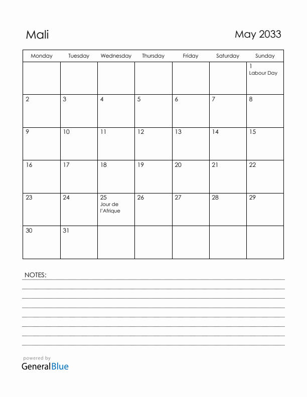 May 2033 Mali Calendar with Holidays (Monday Start)
