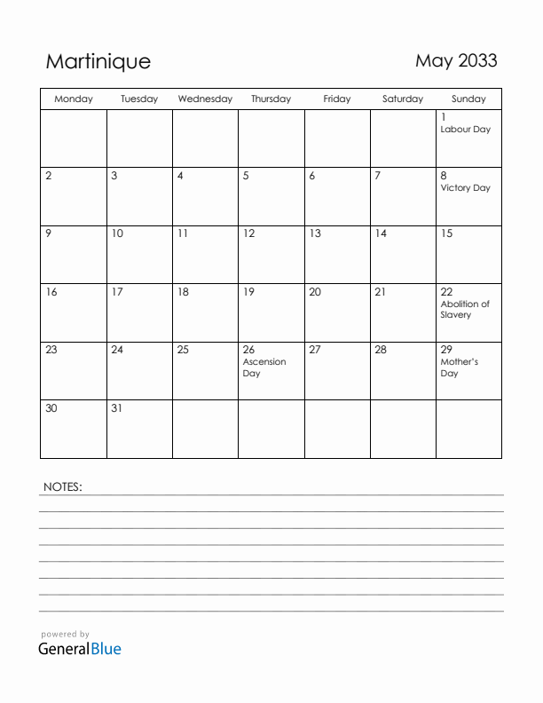 May 2033 Martinique Calendar with Holidays (Monday Start)