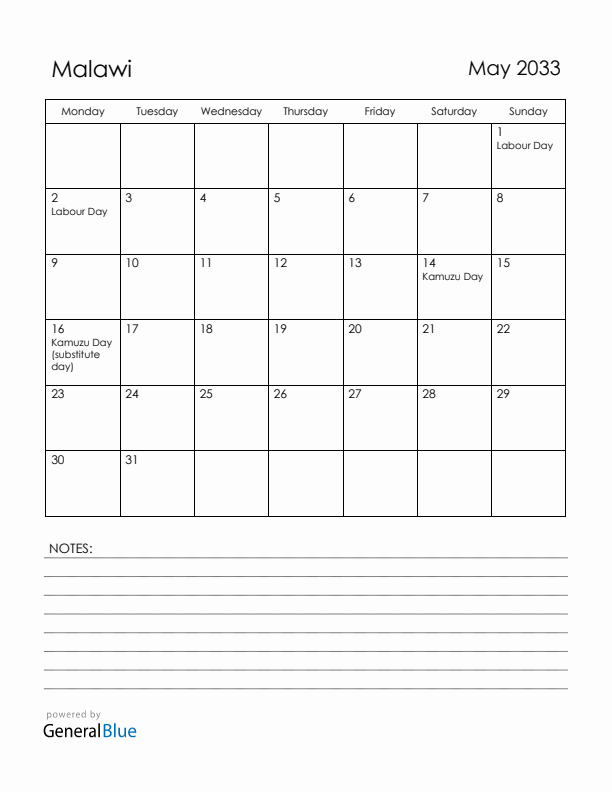 May 2033 Malawi Calendar with Holidays (Monday Start)