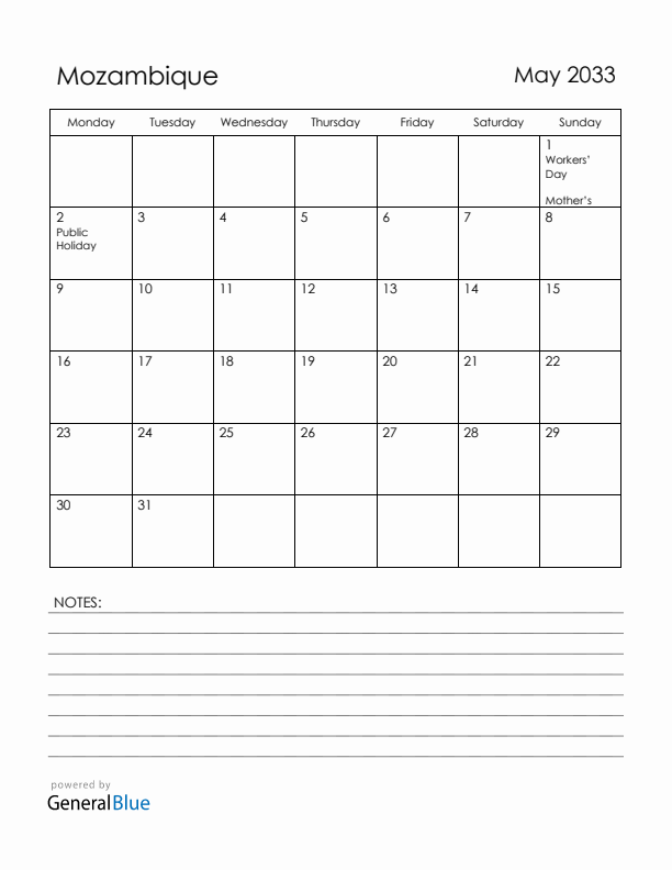 May 2033 Mozambique Calendar with Holidays (Monday Start)