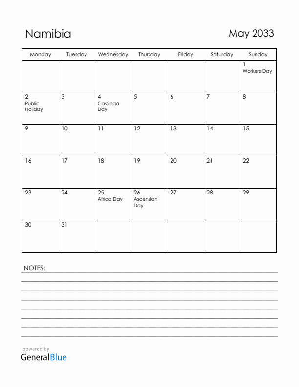 May 2033 Namibia Calendar with Holidays (Monday Start)