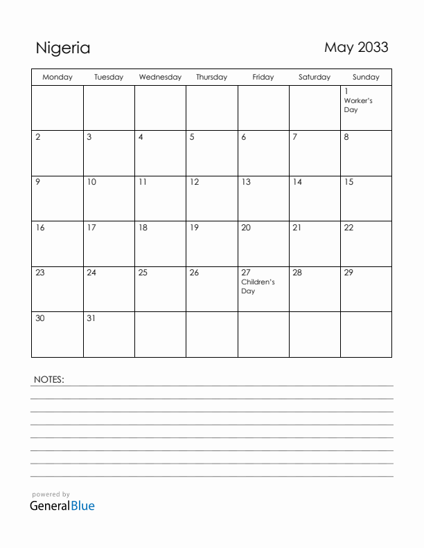 May 2033 Nigeria Calendar with Holidays (Monday Start)