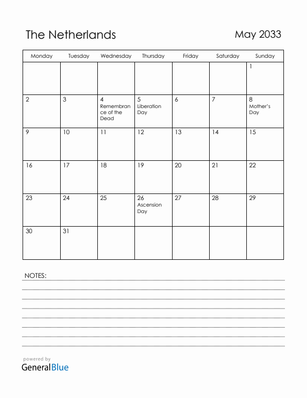 May 2033 The Netherlands Calendar with Holidays (Monday Start)