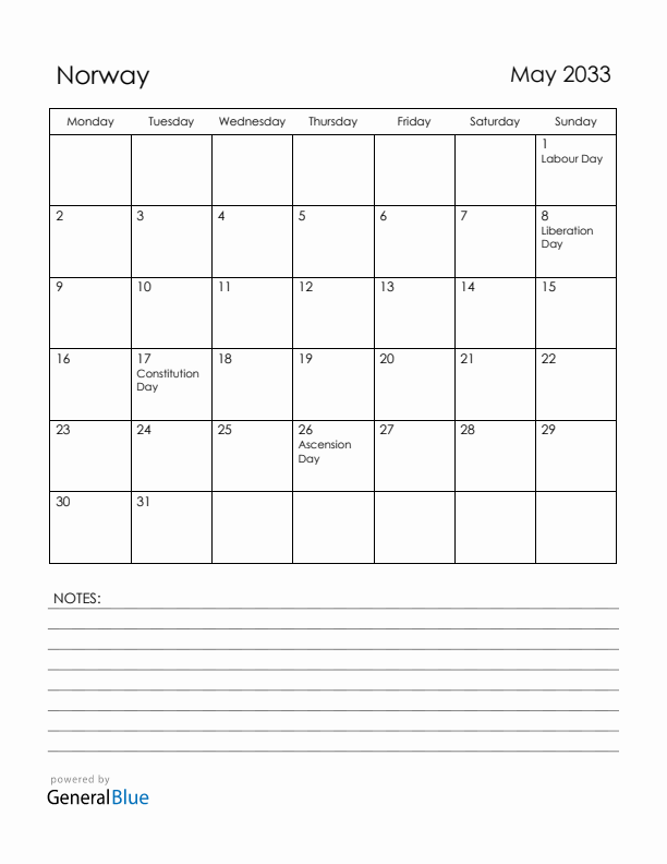 May 2033 Norway Calendar with Holidays (Monday Start)