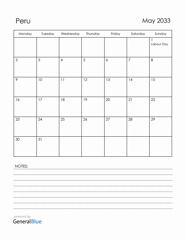 May 2033 Peru Calendar with Holidays (Monday Start)