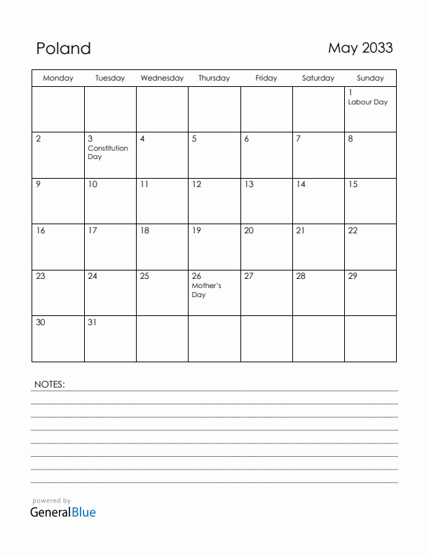 May 2033 Poland Calendar with Holidays (Monday Start)