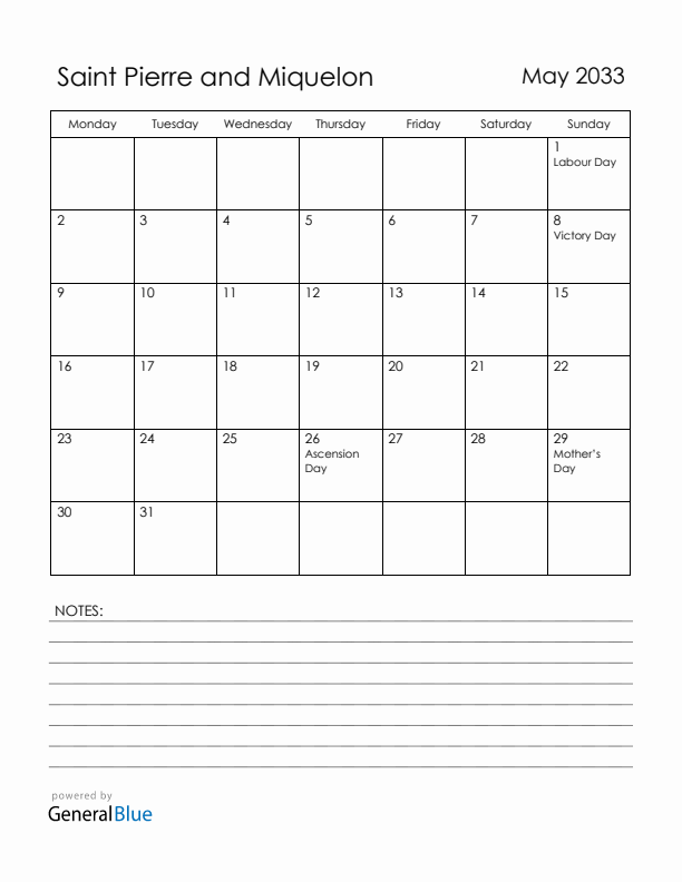 May 2033 Saint Pierre and Miquelon Calendar with Holidays (Monday Start)
