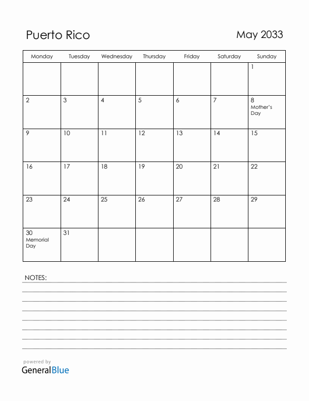 May 2033 Puerto Rico Calendar with Holidays (Monday Start)