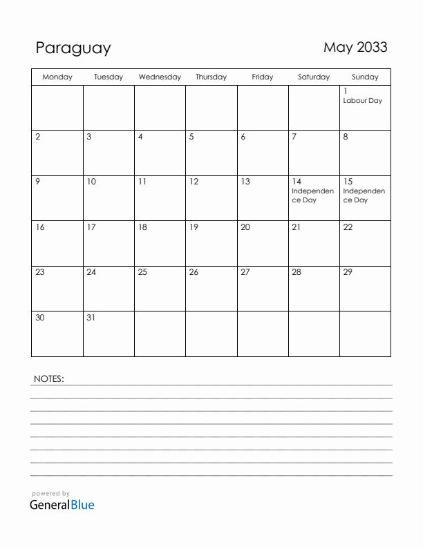May 2033 Paraguay Calendar with Holidays (Monday Start)