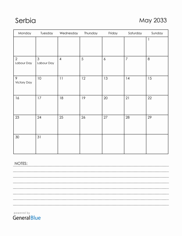 May 2033 Serbia Calendar with Holidays (Monday Start)