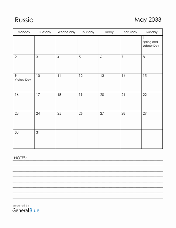 May 2033 Russia Calendar with Holidays (Monday Start)