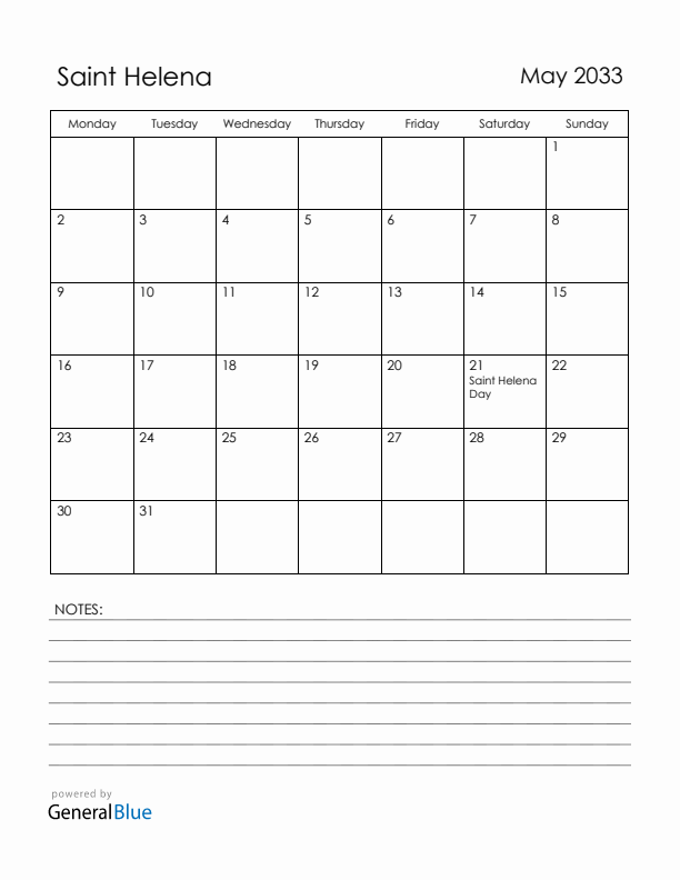 May 2033 Saint Helena Calendar with Holidays (Monday Start)