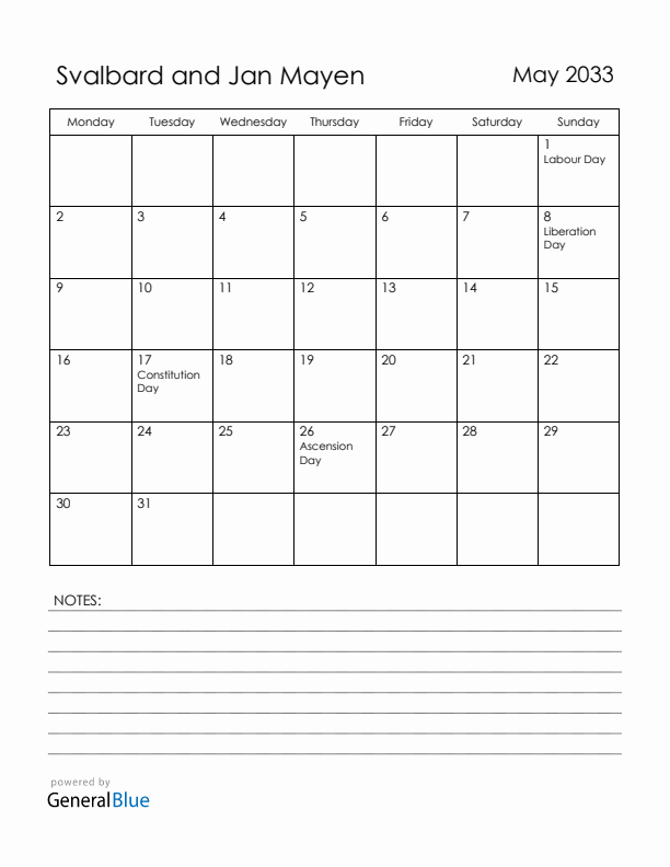 May 2033 Svalbard and Jan Mayen Calendar with Holidays (Monday Start)