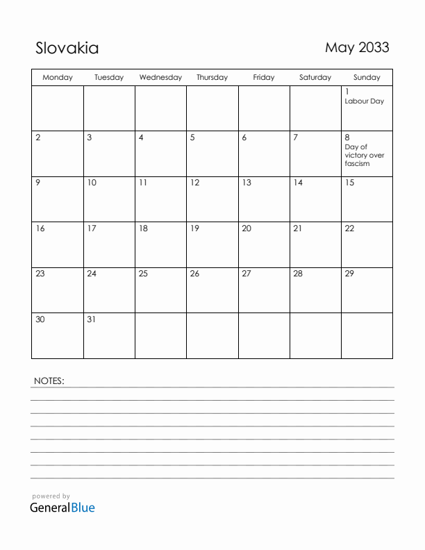 May 2033 Slovakia Calendar with Holidays (Monday Start)