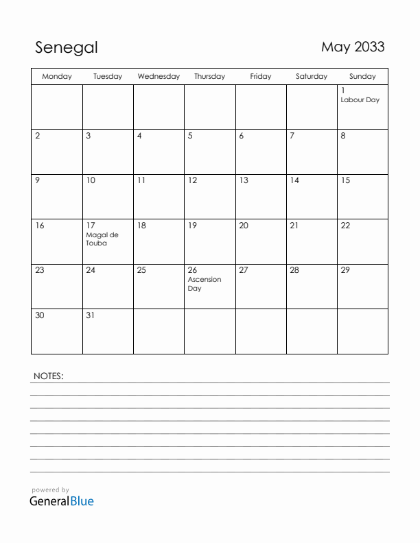 May 2033 Senegal Calendar with Holidays (Monday Start)