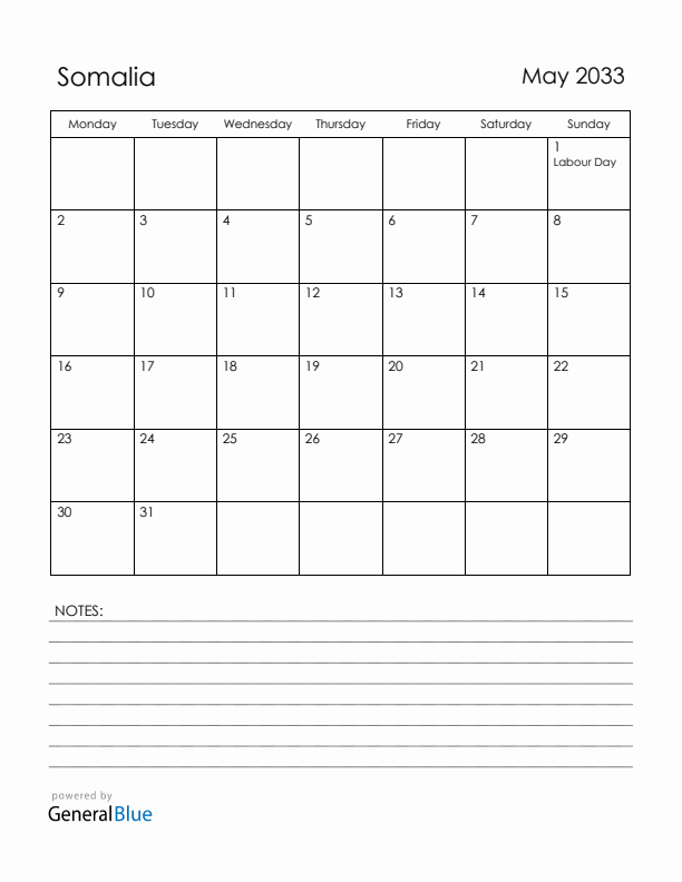 May 2033 Somalia Calendar with Holidays (Monday Start)