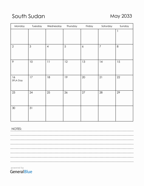 May 2033 South Sudan Calendar with Holidays (Monday Start)