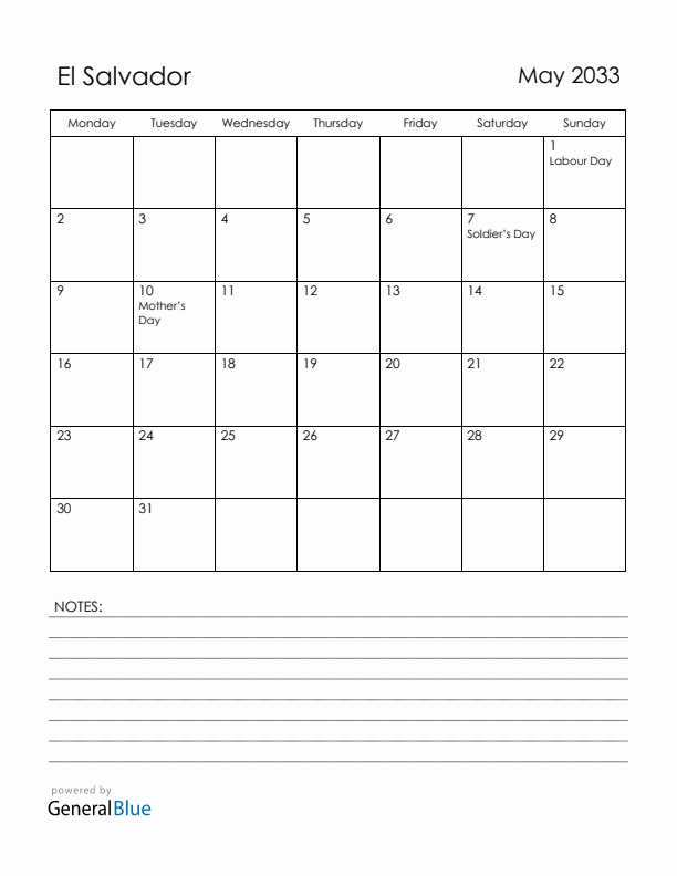 May 2033 El Salvador Calendar with Holidays (Monday Start)