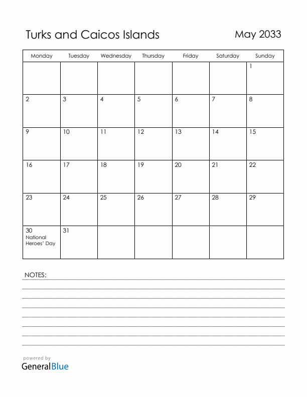 May 2033 Turks and Caicos Islands Calendar with Holidays (Monday Start)