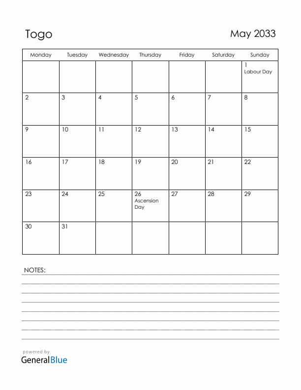 May 2033 Togo Calendar with Holidays (Monday Start)
