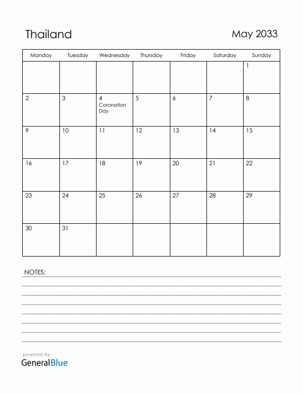 May 2033 Thailand Calendar with Holidays (Monday Start)