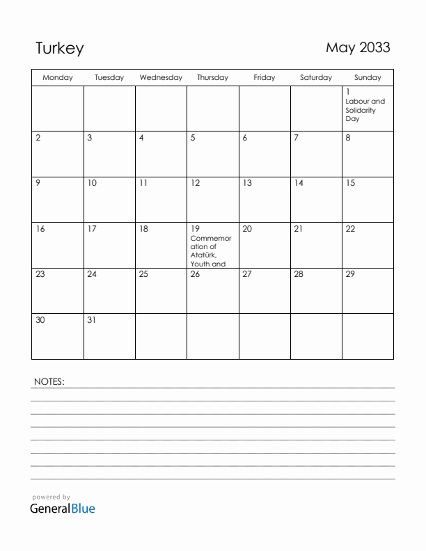 May 2033 Turkey Calendar with Holidays (Monday Start)