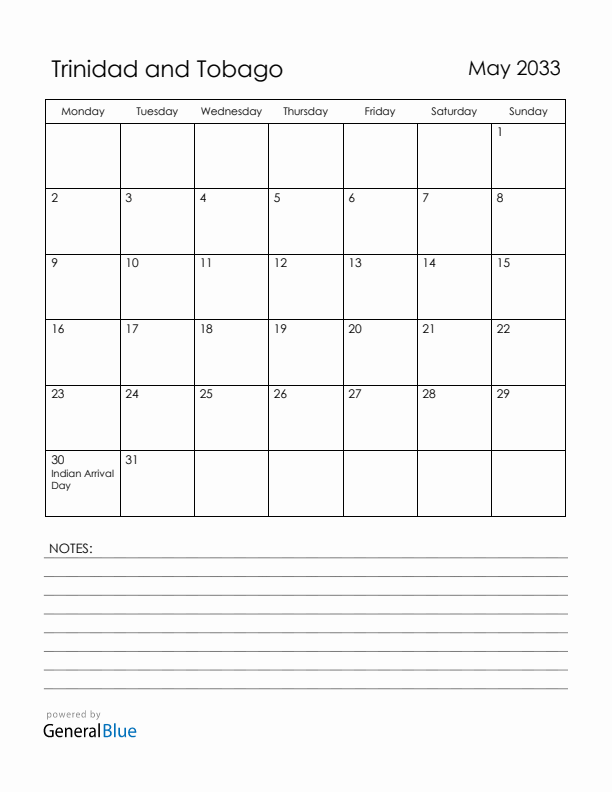 May 2033 Trinidad and Tobago Calendar with Holidays (Monday Start)