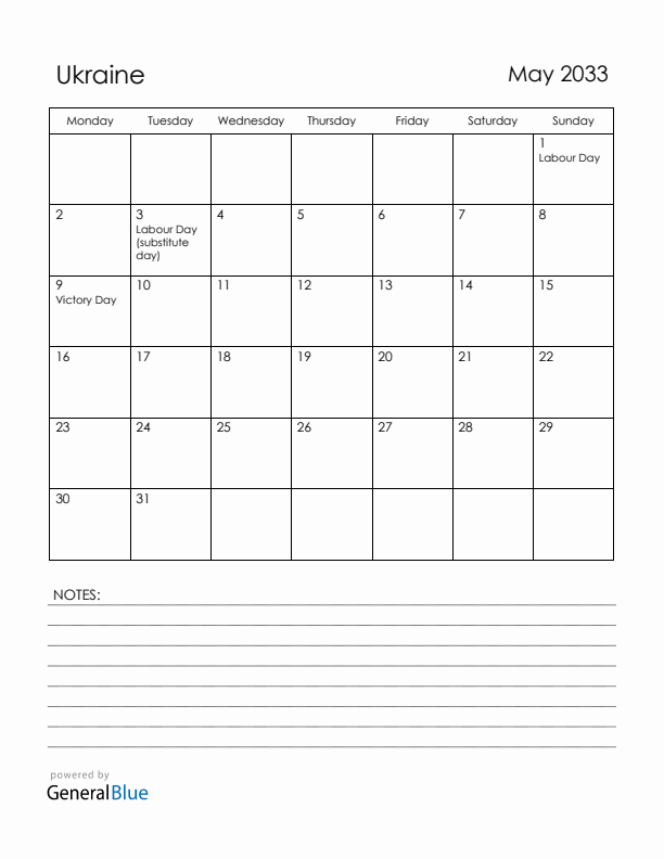 May 2033 Ukraine Calendar with Holidays (Monday Start)