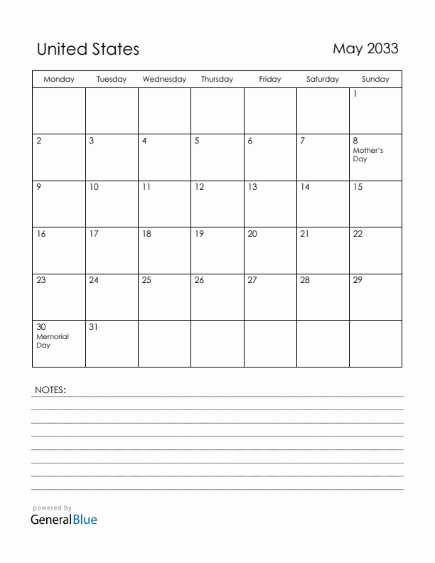 May 2033 United States Calendar with Holidays (Monday Start)