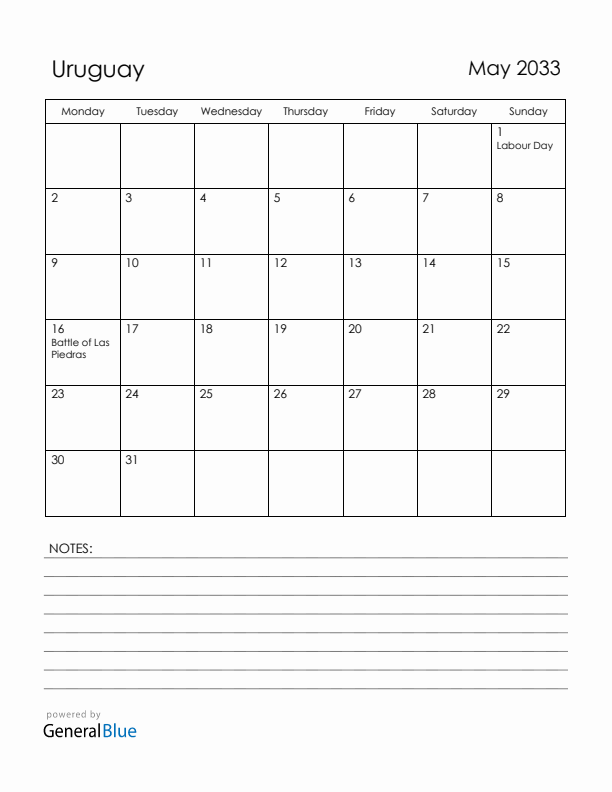 May 2033 Uruguay Calendar with Holidays (Monday Start)