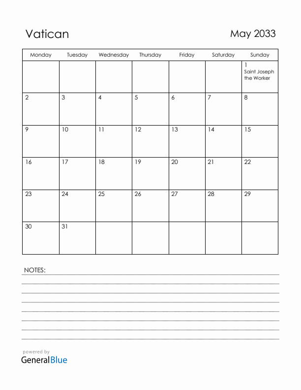 May 2033 Vatican Calendar with Holidays (Monday Start)