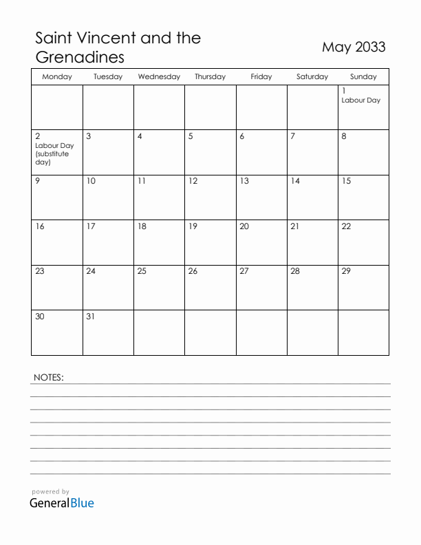 May 2033 Saint Vincent and the Grenadines Calendar with Holidays (Monday Start)
