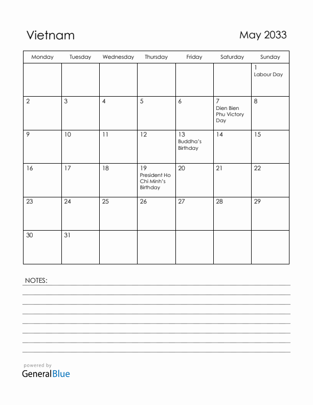 May 2033 Vietnam Calendar with Holidays (Monday Start)