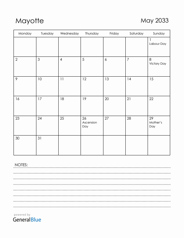 May 2033 Mayotte Calendar with Holidays (Monday Start)