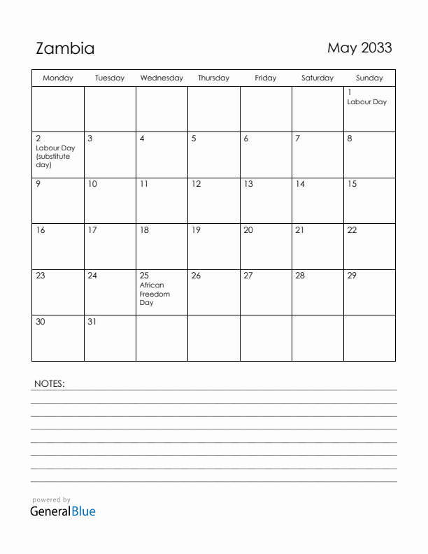 May 2033 Zambia Calendar with Holidays (Monday Start)