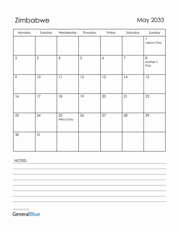 May 2033 Zimbabwe Calendar with Holidays (Monday Start)