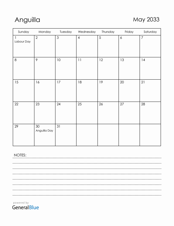 May 2033 Anguilla Calendar with Holidays (Sunday Start)